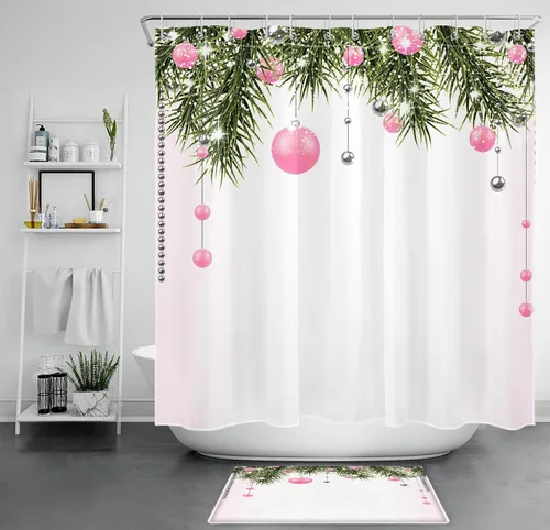 Miniatura 15 de Cortina de ducha de Feliz Navidad, bolas de Navidad azules y ramas de pino verde en tela blanca moderna, cortina de ducha para baño, cortina de baño