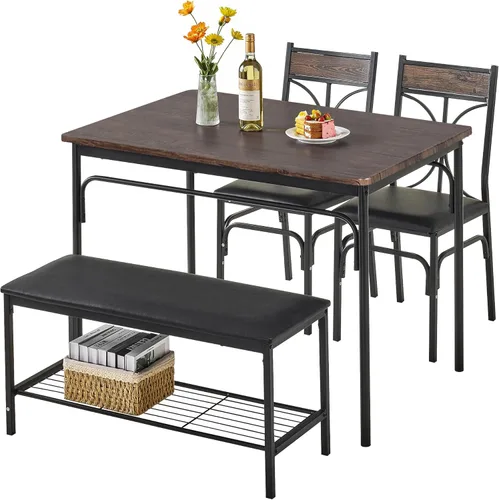 VECELO Juego de mesa de comedor de cocina con banco tapizado y 2 sillas | Diseño compacto que ahorra espacio | Perfecto para apartamentos pequeños,