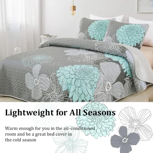 Miniatura 2 de Anibedding Juego de Edredón de Tamaño Completo con Estampado Floral Verde - 3 Piezas Colcha Coverlet Elegante Colcha Bohemia con 2 Fundas de Gris