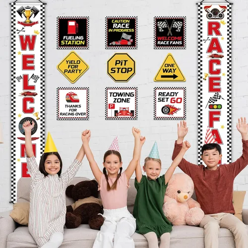 Miniatura 7 de Cartel de fiesta de cumpleaños de coche de carreras, banderas a cuadros, 9 carteles de fiesta de automóviles para decoración de fiesta