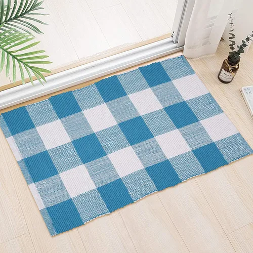 Buffalo - Alfombras a cuadros para sala de estar, cocina, baño, 24 x 36 pulgadas, color blanco turquesa, alfombras tejidas reversibles de algodón