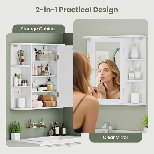 Miniatura 4 de Giantex Botiquín de baño, armario de espejo de baño montado en la pared con puerta de espejo y 4 estantes interiores, 6 estantes abiertos, Blanco