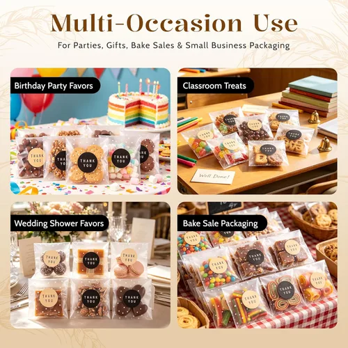 Miniatura 5 de NPLUX Paquete de 100 bolsas de celofán autosellantes transparentes para galletas y golosinas "Gracias" para obsequios y dulces con calcomanías