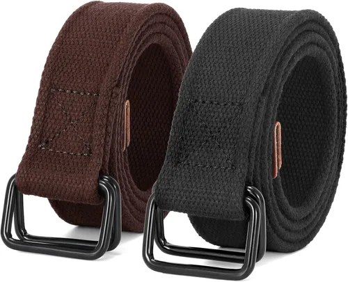JASGOOD Cinturones de tela de lona para hombres y mujeres, cinturones de tela con hebilla de doble anillo negro, paquete de 2