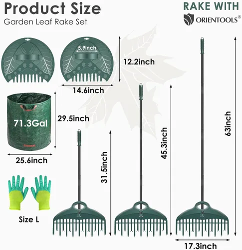 Miniatura 2 de ORIENTOOLS Juego de Rastrillo de Jardín de Fila Doble con 17 Dientes y Rastrillo de Mano de 9 Dientes para Hojas, Contenedor de 272L para Hojas