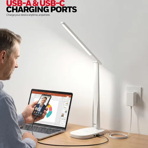 Miniatura 5 de Honeywell Lámpara de escritorio LED para oficina en casa, luz de lectura regulable con 4 modos de color, control táctil, puertos de carga USB-A