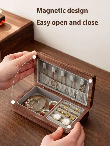 Miniatura 2 de Joyero de madera pequeño, joyero de madera de nogal delicado, regalo ideal para hombres y mujeres, organizador de joyas de viaje portátil