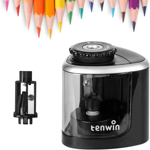 tenwin Sacapuntas eléctrico funciona con pilas, afilado rápido, adecuado para lápices de colores n.º 2/dibujo/de colores (0.23-0.31 pulgadas), Negro