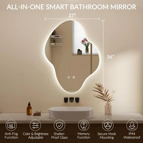 Miniatura 6 de Espejo de pared de baño irregular, espejo de baño LED asimétrico con luces, espejo retroiluminado antivaho con iluminación regulable de 3