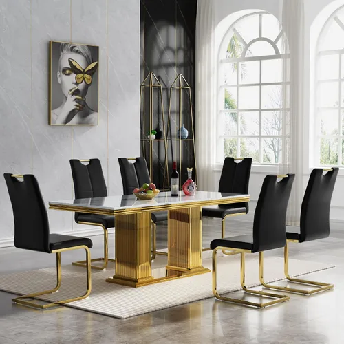 Miniatura 57 de Juego de mesa de comedor de 5 piezas, moderno juego de mesa de comedor para 4, 70 pulgadas, juego de mesa de comedor de mármol sintético blanco