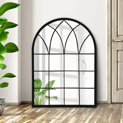 Miniatura 8 de Espejo de pared de ventana arqueada, espejos de marco de metal de 35 pulgadas con patrón de rejilla, acabado antiguo negro, espejo decorativo