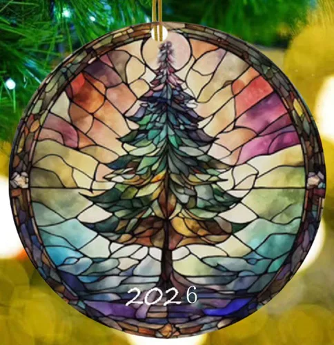 Adornos de Navidad 2025, estilo vitral, regalos redondos y divertidos de decoración acrílica (árbol de Navidad)