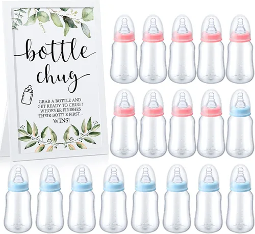 Miniatura 23 de Roowest Bottle Chug Baby Shower Games Favores que incluyen 18 botellas con 1 botella de chug de madera para revelación de género y suministros