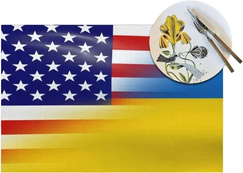 Miniatura 4 de Bandera estadounidense y bandera ucraniana, resistente al agua, paquete de 4 manteles individuales tejidos de PVC, diseño elegante, fácil protección