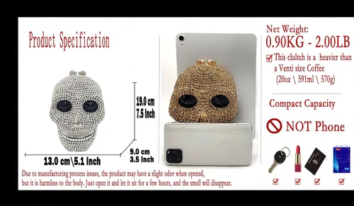 Miniatura 3 de Boutique De FGG Bolso de mano de cristal de calavera para mujer, bolso de mano de noche con diamantes de imitación, para fiesta, graduación