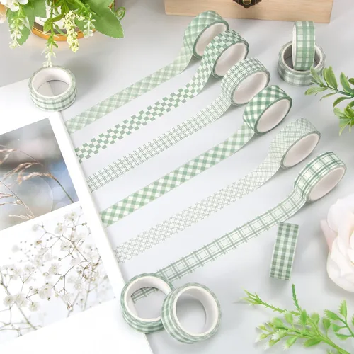 Miniatura 4 de Whaline 12 Rolls Sage Green Plaid Washi Tape Masking Tape Set Pastel Green Gingham Decorative Wrapping Paper Tapes Boxed for Wedding Scrapbook