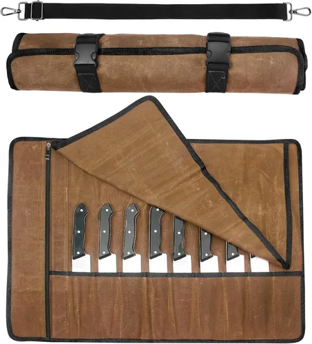 Miniatura 9 de Bolsa enrollable para cuchillos de chef, estuche de viaje para cuchillos de lona encerada, soporte de almacenamiento profesional resistente con 10
