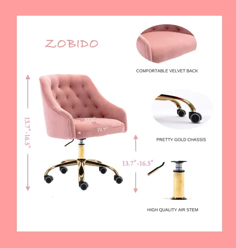 Miniatura 3 de Cómoda silla de trabajo para la oficina en casa con ruedas, bonita y moderna tapizada de terciopelo con respaldo de concha, silla de escritorio Rosa
