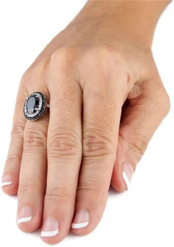 Miniatura 3 de Anillo de plata de ley 925 brillante con diamantes de corte ovalado, ónix negro, marcasita blanca, circonita cúbica, anillos de cóctel, anillo