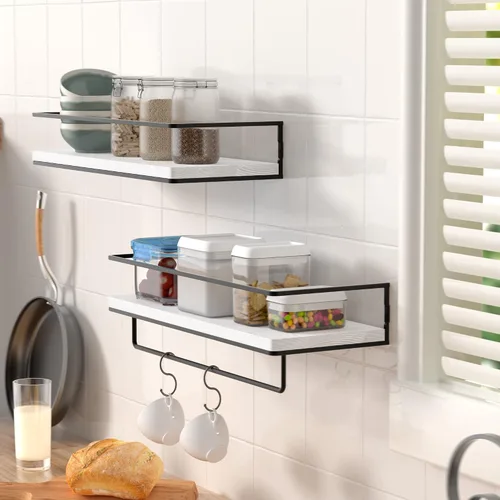 Miniatura 2 de ZGO Juego de 2 estantes flotantes para pared, estantes de almacenamiento montados en la pared con marco de metal negro y toallero para baño, Blanco