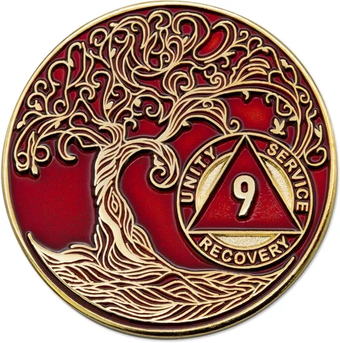 Miniatura 57 de 20 Year Sobriety Mint Twisted Tree of Life - Medallón de recuperación AA chapado en oro, fichas y fichas, color negro