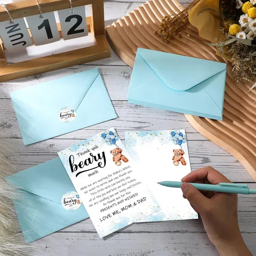 Miniatura 4 de Kisston 50 juegos de tarjetas de agradecimiento para baby shower de oso de 4 x 6 pulgadas, tarjetas de felicitación de oso con 50 sobres y Azul
