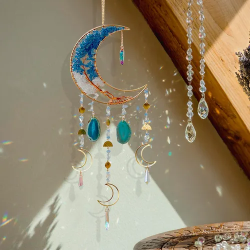 Campanillas de viento de luna con árbol de cristal hecho a mano para decoración de pared del hogar, decoración de pared de dormitorio, decoración