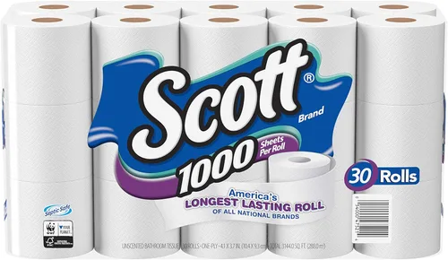 Miniatura 15 de Scott - 1000 hojas por rollo de papel higiénico, 4 rollos, toallas de baño