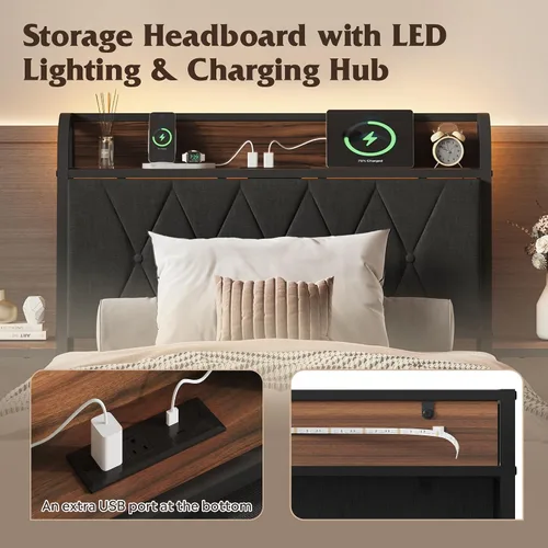 Miniatura 4 de WLIVE Base de cama individual con cabecero, base de cama tapizada con 2 estantes de almacenamiento, cama de plataforma con luces LED y estación