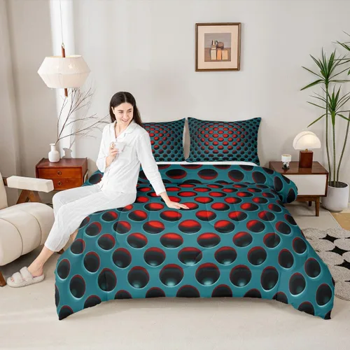 Miniatura 4 de Juego de edredón de nido de abeja, juego de ropa de cama geométrico verde y rojo, tamaño individual, juego de edredón reversible negro con colmena