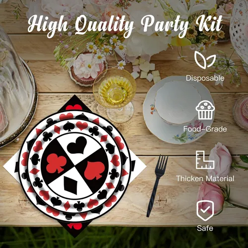 Miniatura 3 de Kit de suministros de fiesta de casino para 24 invitados, 97 piezas, incluyendo platos, tenedores, servilletas, banderines, ideal para noches