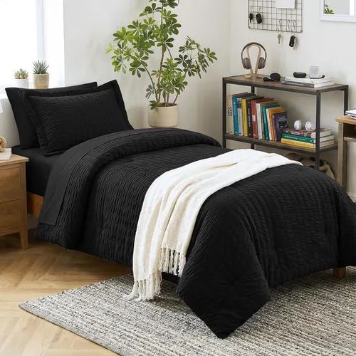 Miniatura 48 de CozyLux Juego de ropa de cama con edredón tamaño King Beige Seersucker de 7 piezas, juego de cama en una bolsa, con edredón, sábanas, fundas