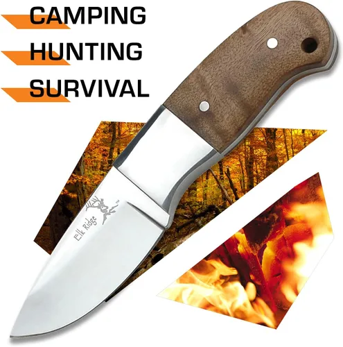 Miniatura 3 de Elk Ridge 111 Series Outdoors Fixed Blade Knife - 5-in Overall, 440 Stainless Steel Mirror Polished Blade, Burl Wood Handle, Leather Sheath