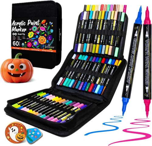 Marcadores de pintura acrílica de 60 colores de WINSONS, punta doble con punta fina y punta de cepillo para suministros de pintura en roca, lienzo,