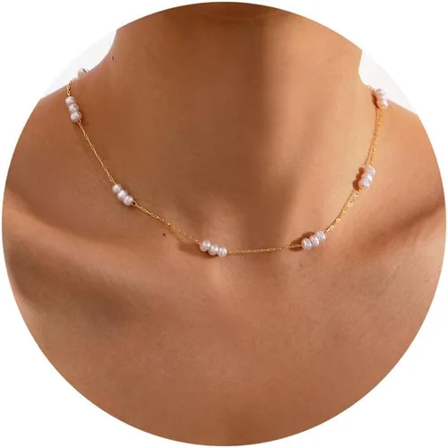 TOBENY Collar de perlas para mujer, chapado en oro de 14 quilates, hecho a mano, gargantilla de perlas blancas, delicada, pequeña, pequeña, cadena