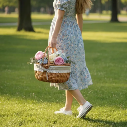 Miniatura 5 de Cesta de picnic de mimbre con tapa y asa, cuerpo tejido resistente con forro lavable, flores pequeñas