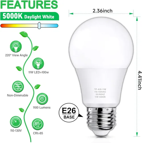 Miniatura 2 de MAXvolador Paquete de 12 bombillas LED A19, bombilla LED equivalente a 100 W, luz blanca diurna de 5000 K, 1100 lúmenes, base media E26, CRI 85+,