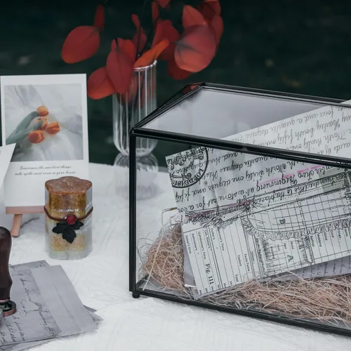 Miniatura 4 de NCYP Pequeña caja de tarjetas de cristal de boda con ranura y cerradura, 10.2 x 5.9 x 7.9 pulgadas, soporte geométrico negro para tarjetas