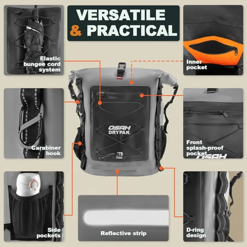 Miniatura 3 de OSAH DRYPAK Mochila impermeable Bolsa seca – Mochila de senderismo enrollable para viajes, kayak, canotaje, camping y pesca, Gris, Ocio