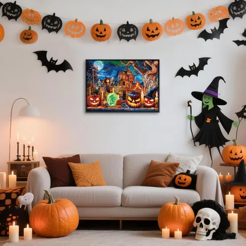 Miniatura 4 de Sutinban Rompecabezas de Halloween de 1000 piezas para adultos, calavera de terror, cabeza de calabaza, rompecabezas de casa encantada de Halloween