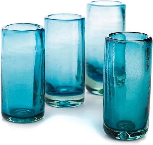 Miniatura 20 de Specialty - Vasos de tequila mexicanos, soplados a mano con color y textura únicos, juego de 4 piezas (borde azul)