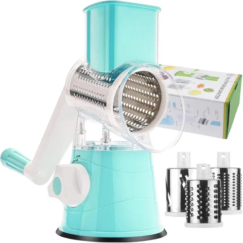 Rallador de queso giratorio manual redondo para verduras, patatas y zanahorias, 3 rallador de queso intercambiable, rebanador de mandolina con base