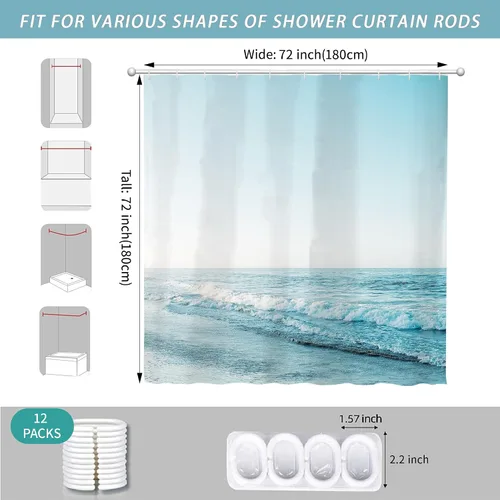 Miniatura 3 de Cortina de Ducha Pequeña de Cabina para RV de Medio Tamaño Océano Playa Costera Seaside para Baño 36A*72A Pulgadas Náutica Verano Playera Decoración