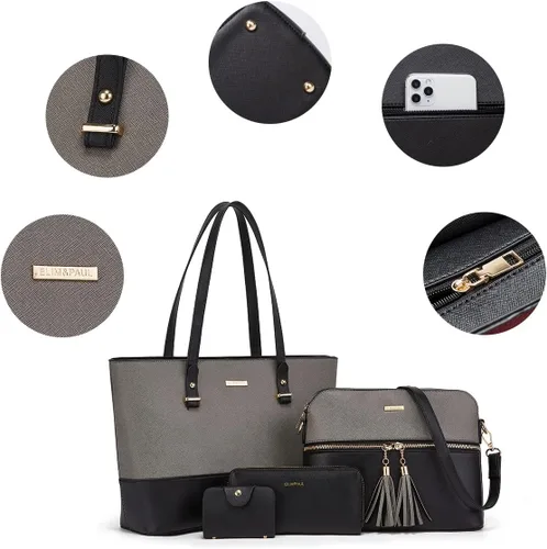 Miniatura 104 de Juego de 4 bolsas modernos para mujer de cuero sintético: bolso tote, bolso de hombro, bolso de mano y cartera.