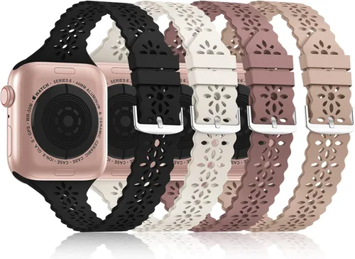 Miniatura 7 de Bandiction - Paquete de 4 correas de silicona de encaje compatibles con Apple Watch de 38mm 40mm 41mm 42mm 44mm 45mm 46mm 49mm, correa delgada