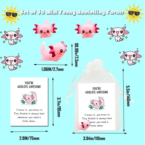 Miniatura 2 de 90 piezas de regalo inspirador mini ajolote de resina con regalo de agradecimiento, tarjetas de animación, bolsas de regalo de organza blanca
