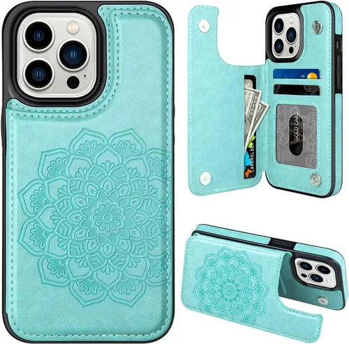 Miniatura 20 de MMHUO Funda para iPhone 14 con tarjetero y parte trasera magnética de flores para iPhone 14, funda protectora para iPhone 14, color oro rosa
