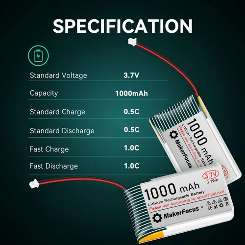 Miniatura 3 de Batería recargable de polímero de litio de 3.7 V 1000 mAh con placa de protección, cinta de goma aislada y enchufe JST 1.25 para placa de desarrollo