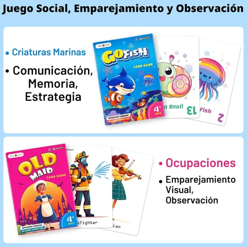 Miniatura 4 de Paquete mejorado de juegos de cartas para niños, 6 cubiertas, Go Fish, Old Maid, Crazy Eights, Memory Match, Slap Jack, War, Jugar a las cartas