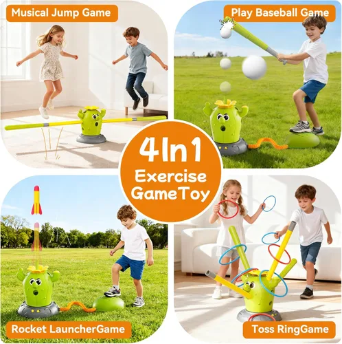 Miniatura 2 de Cactus 4 en 1 juguetes musicales saltarines, juego de lanzar anillos y lanzador de cohetes pisoteables para niños de 3 a 8 años, juguete deportivo